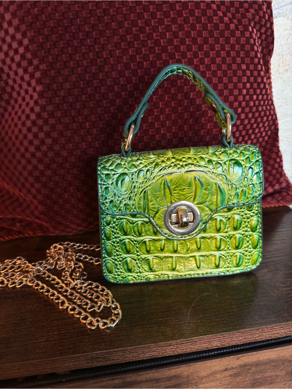 Green Croc-Embossed Top-Handle Bag with Gold Chain